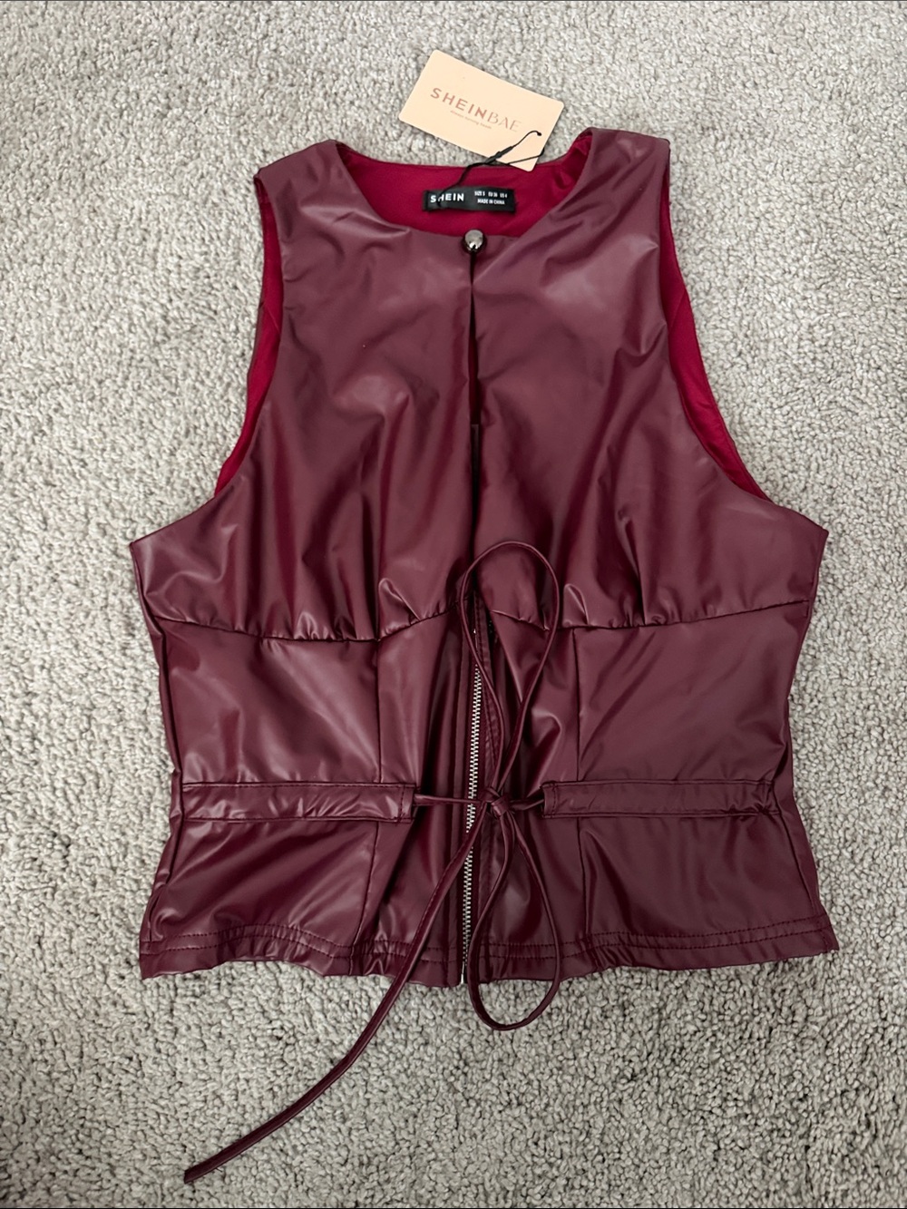 SHEIN Wine Faux Leather Sleeveless Zip Tie-Front Vest